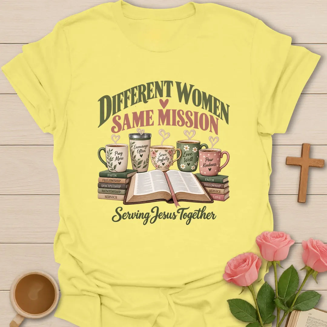 Same Mission Ministry t-shirt with women's ministry lettering and faith-inspired design - Cornsilk