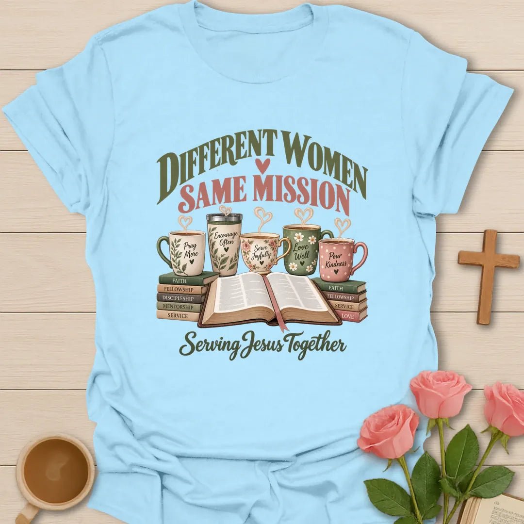 Same Mission Ministry t-shirt with women's ministry lettering and faith-inspired design - Light Blue