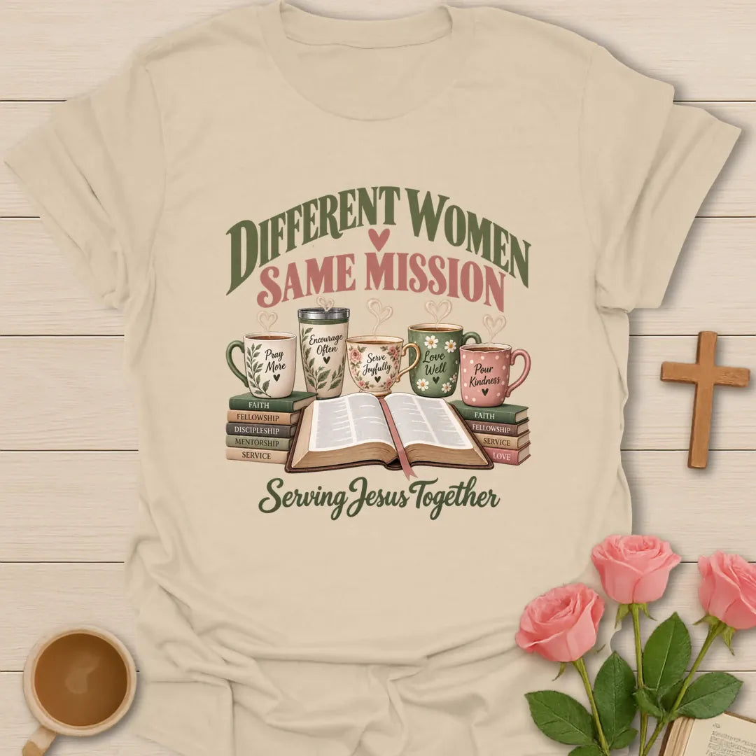 Same Mission Ministry t-shirt with women's ministry lettering and faith-inspired design - Sand