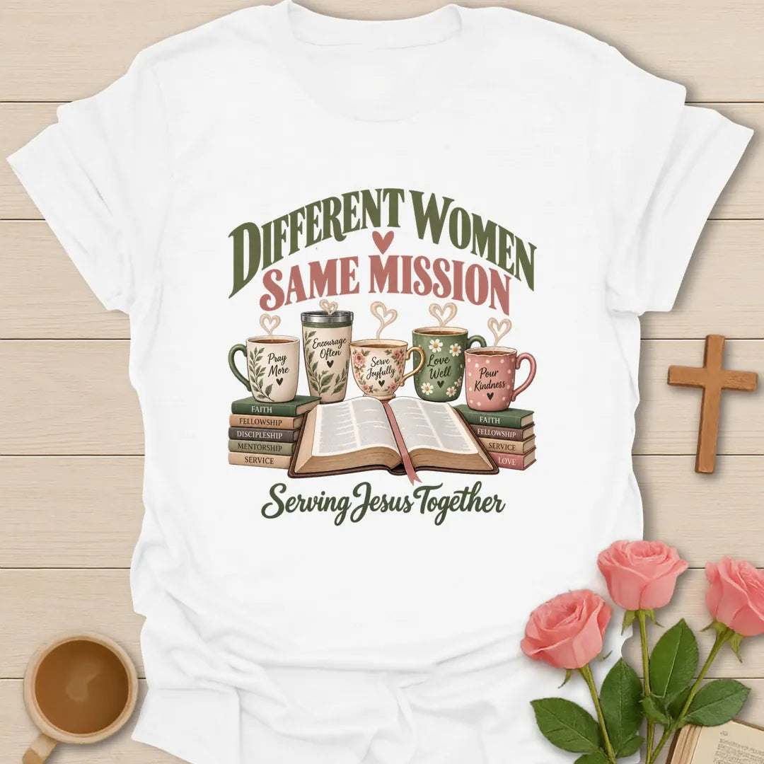 Same Mission Ministry t-shirt with women's ministry lettering and faith-inspired design - White