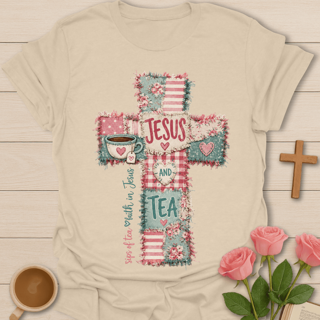 Jesus & Tea Cross Faux Patchwork T-Shirt T-Shirt