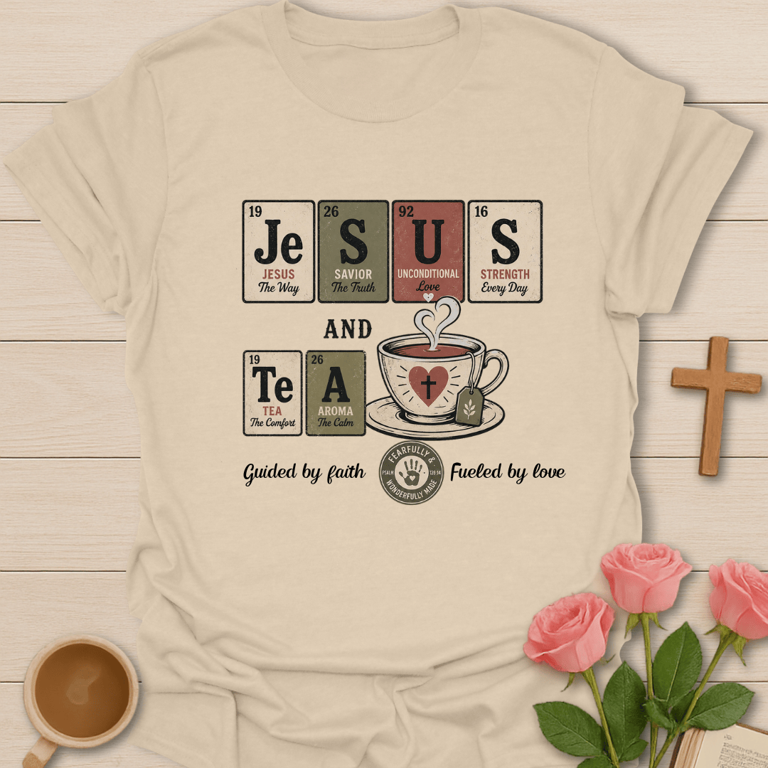 Jesus & Tea Periodic Table T-Shirt KozzyCo Christian and tea lover design