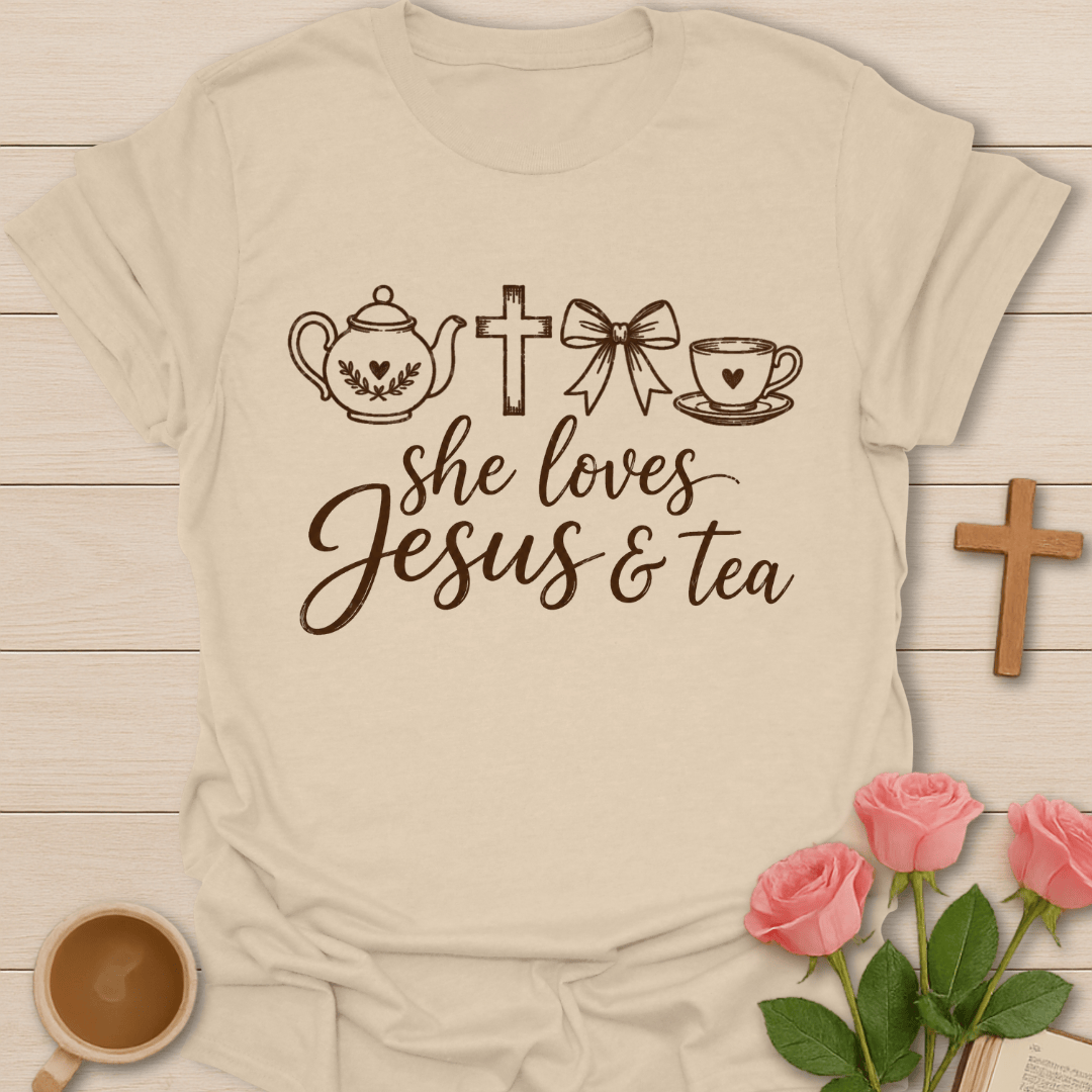She Loves Jesus & Tea T-Shirt KozzyCo Christian and tea lover design