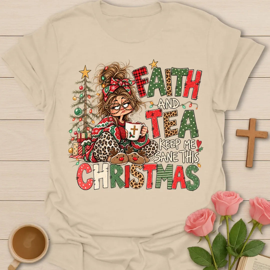 Sane Ugly Christmas Christian t-shirt with festive ugly-Christmas-style design - Sand