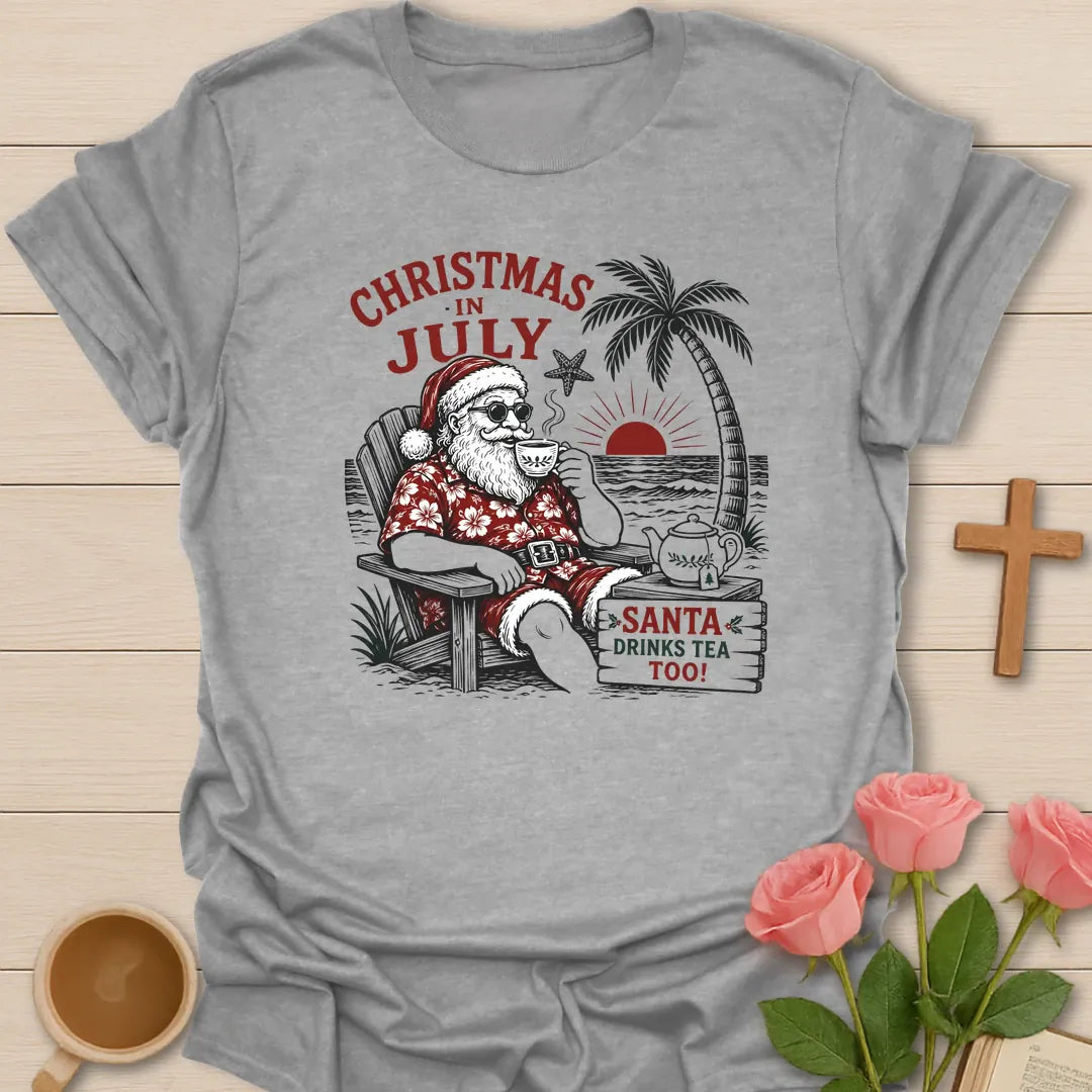 Santa Drinks Tea Too shirt with Santa, teacup, tropical beach accents, and playful Christmas lettering. - Sport Grey