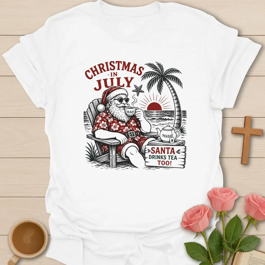 Santa Drinks Tea Too shirt with Santa, teacup, tropical beach accents, and playful Christmas lettering. - White