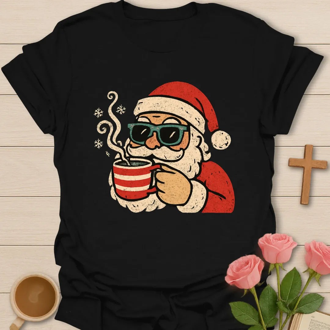 Santa's Tea Christmas T-shirt with vintage Santa sunglasses and steaming striped tea mug - Black
