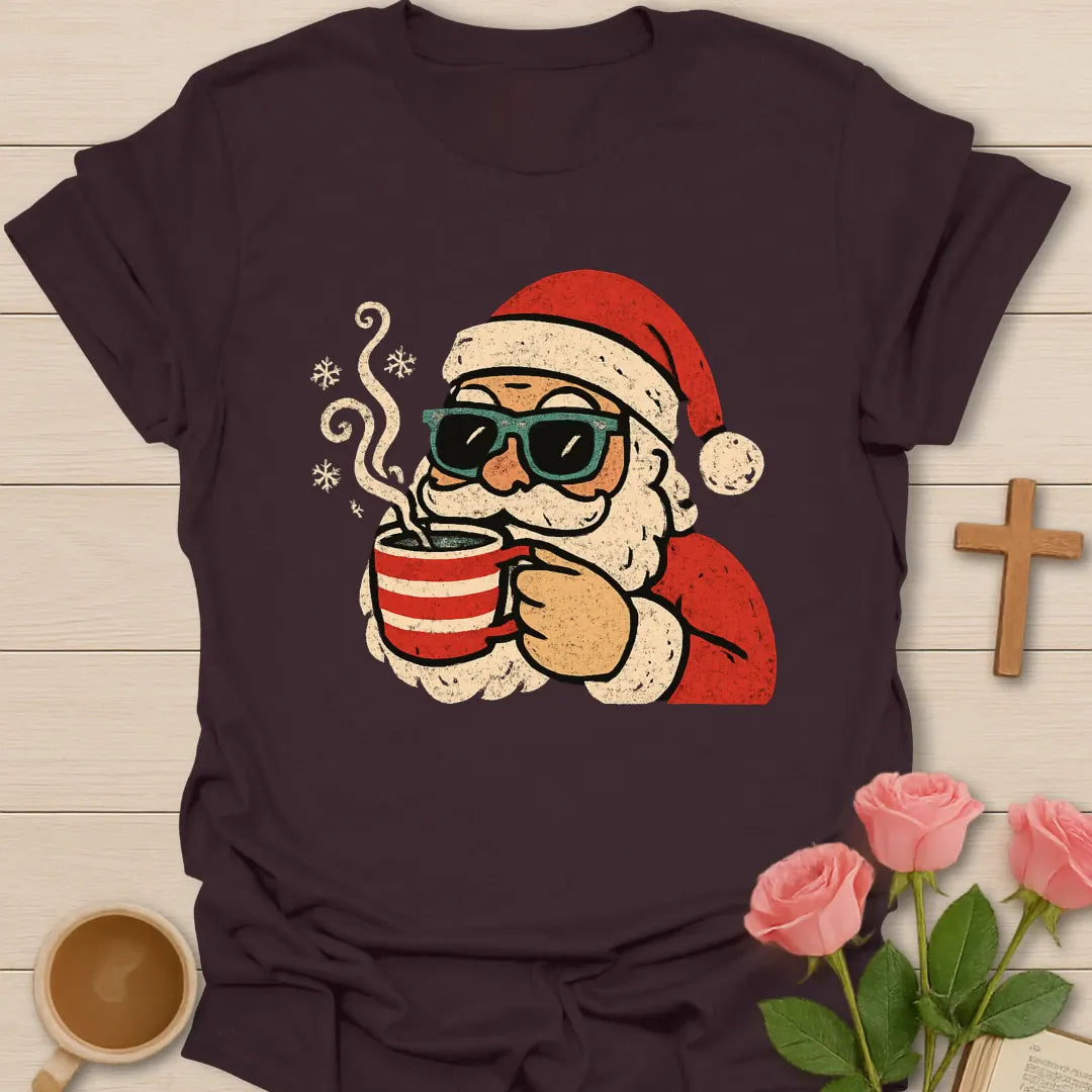 Santa's Tea Christmas T-shirt with vintage Santa sunglasses and steaming striped tea mug - Dark Chocolate