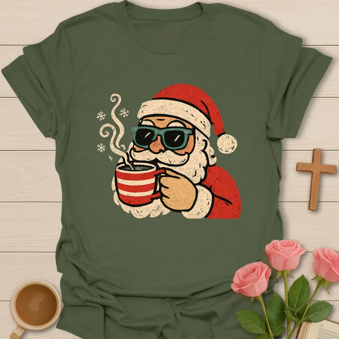 Santa's Tea Christmas T-shirt with vintage Santa sunglasses and steaming striped tea mug - Military Green