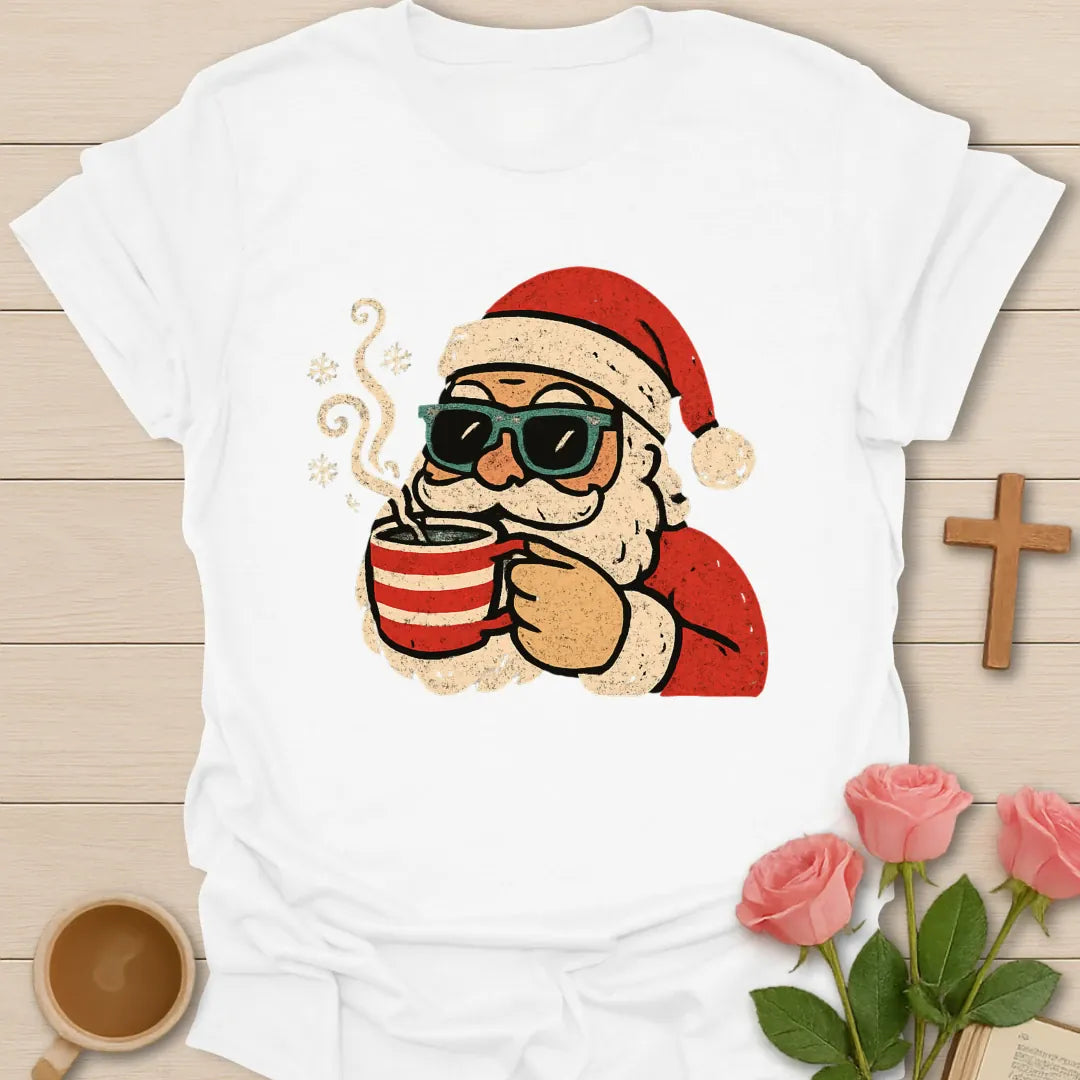 Santa's Tea Christmas T-shirt with vintage Santa sunglasses and steaming striped tea mug - White