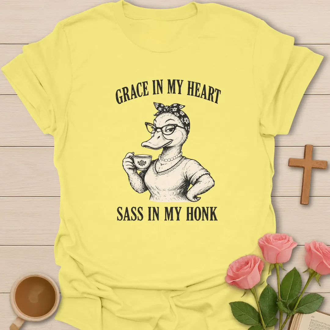 Sass In My Honk shirt with cute goose, teacup, and playful lettering. - Cornsilk