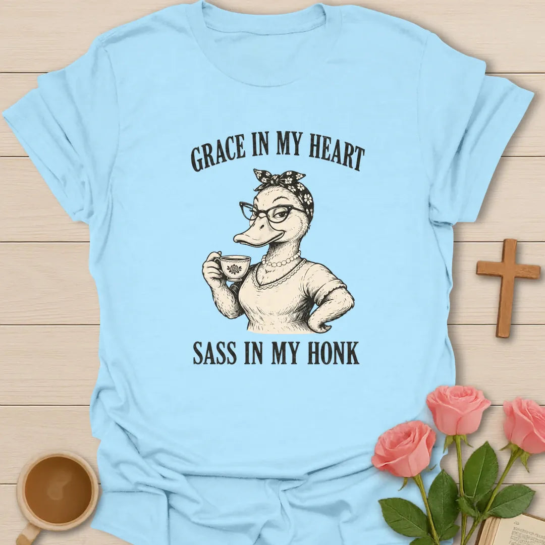 Sass In My Honk shirt with cute goose, teacup, and playful lettering. - Light Blue
