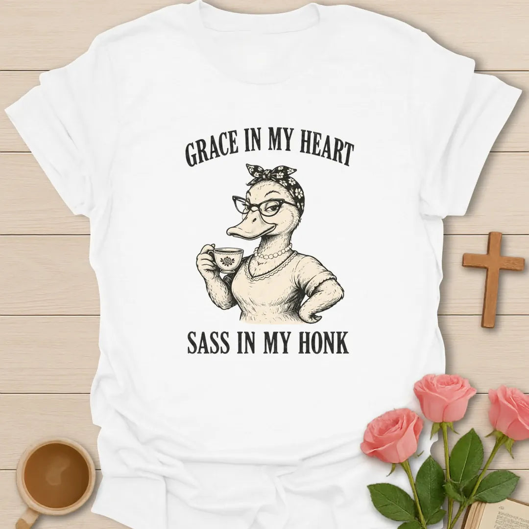 Sass In My Honk shirt with cute goose, teacup, and playful lettering. - White