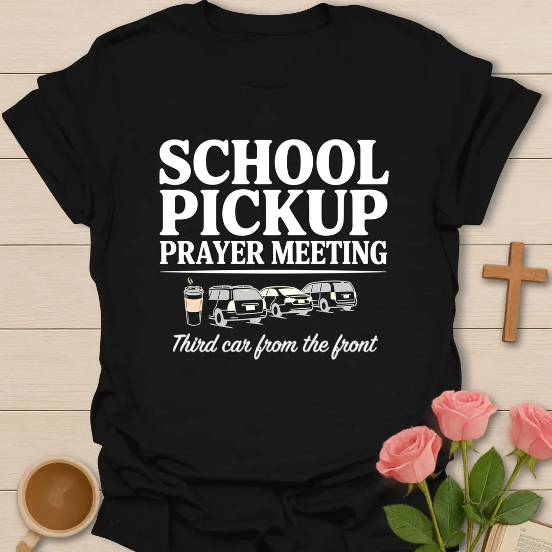 School Pickup Prayer Meeting funny Christian t-shirt with playful lettering - Black