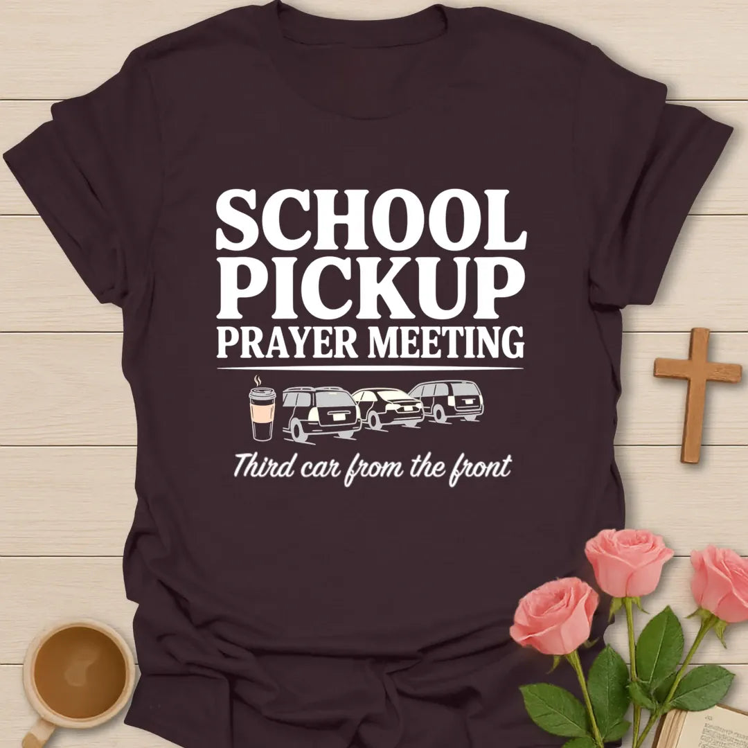 School Pickup Prayer Meeting funny Christian t-shirt with playful lettering - Dark Chocolate