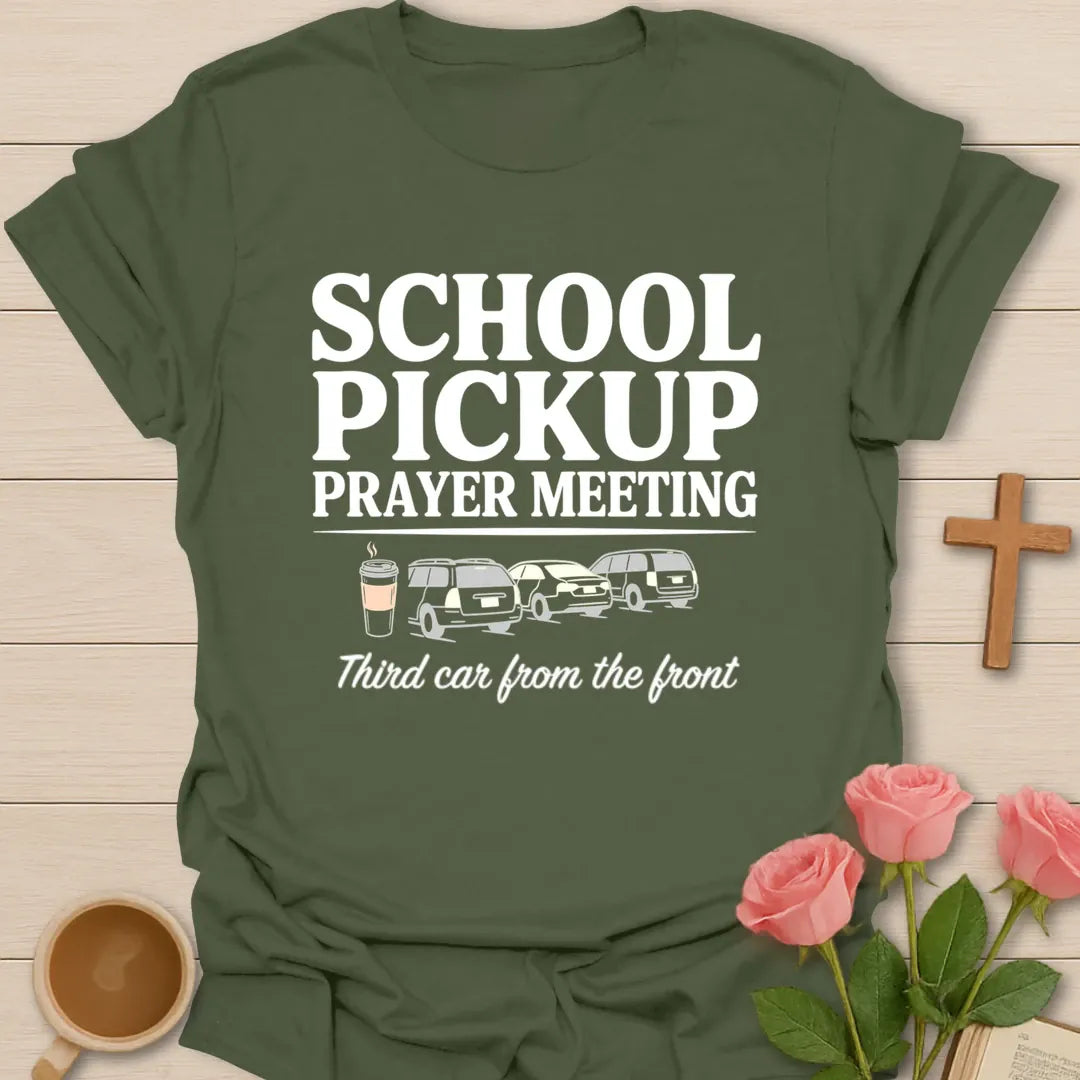 School Pickup Prayer Meeting funny Christian t-shirt with playful lettering - Military Green