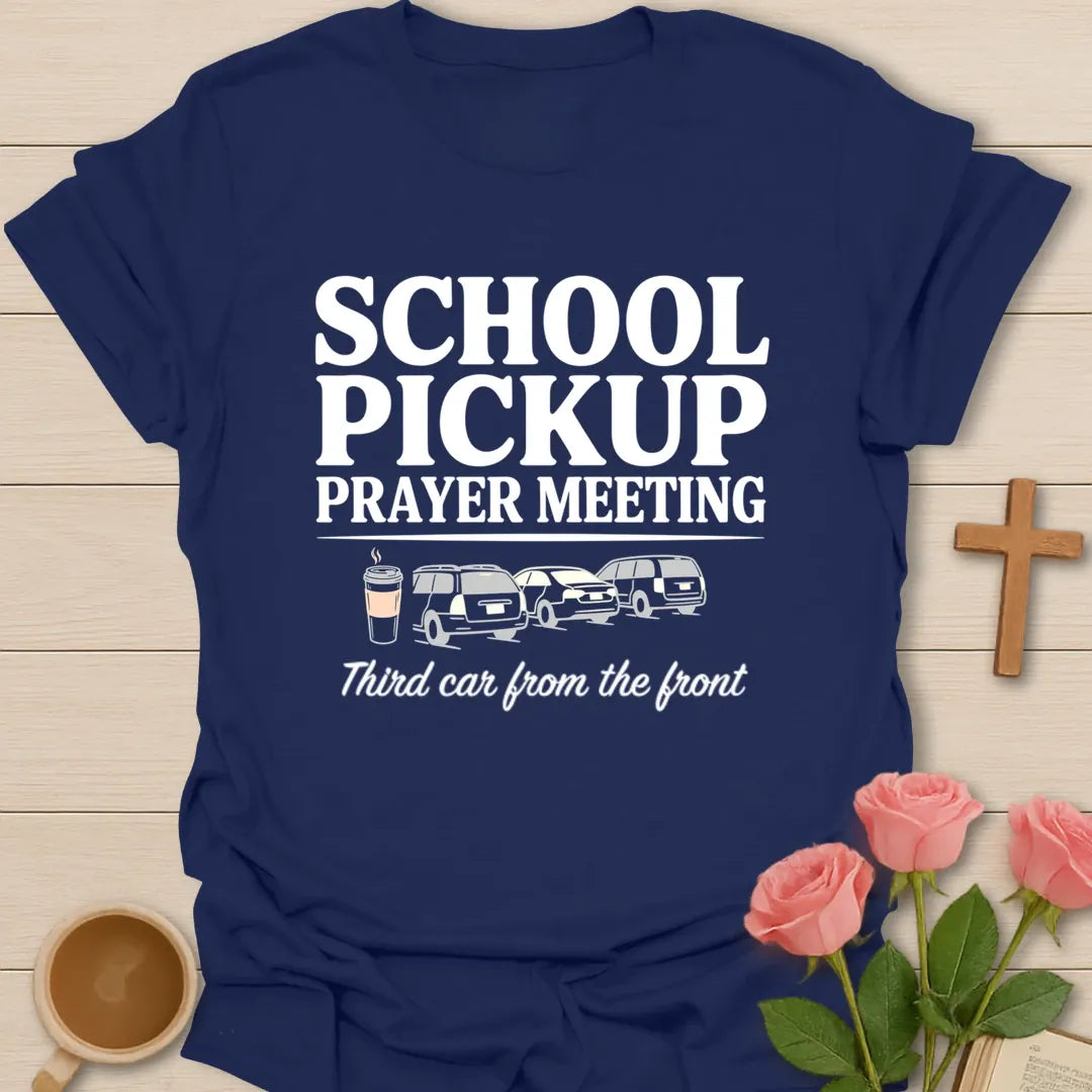 School Pickup Prayer Meeting funny Christian t-shirt with playful lettering - Navy