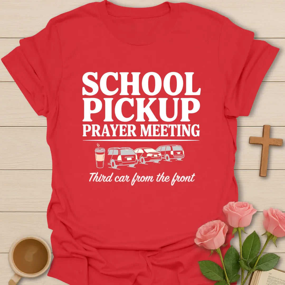 School Pickup Prayer Meeting funny Christian t-shirt with playful lettering - Red