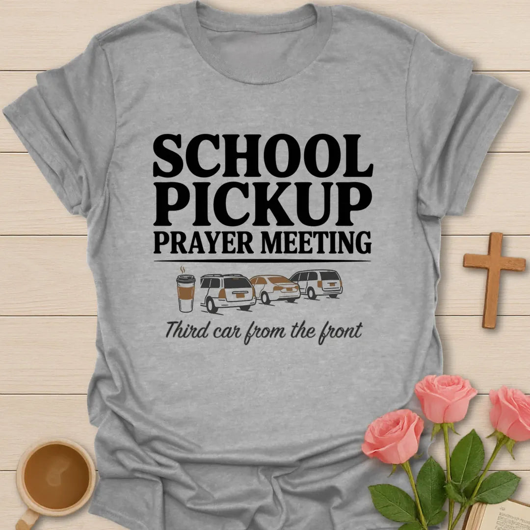 School Pickup Prayer Meeting funny Christian t-shirt with playful lettering - Sport Grey