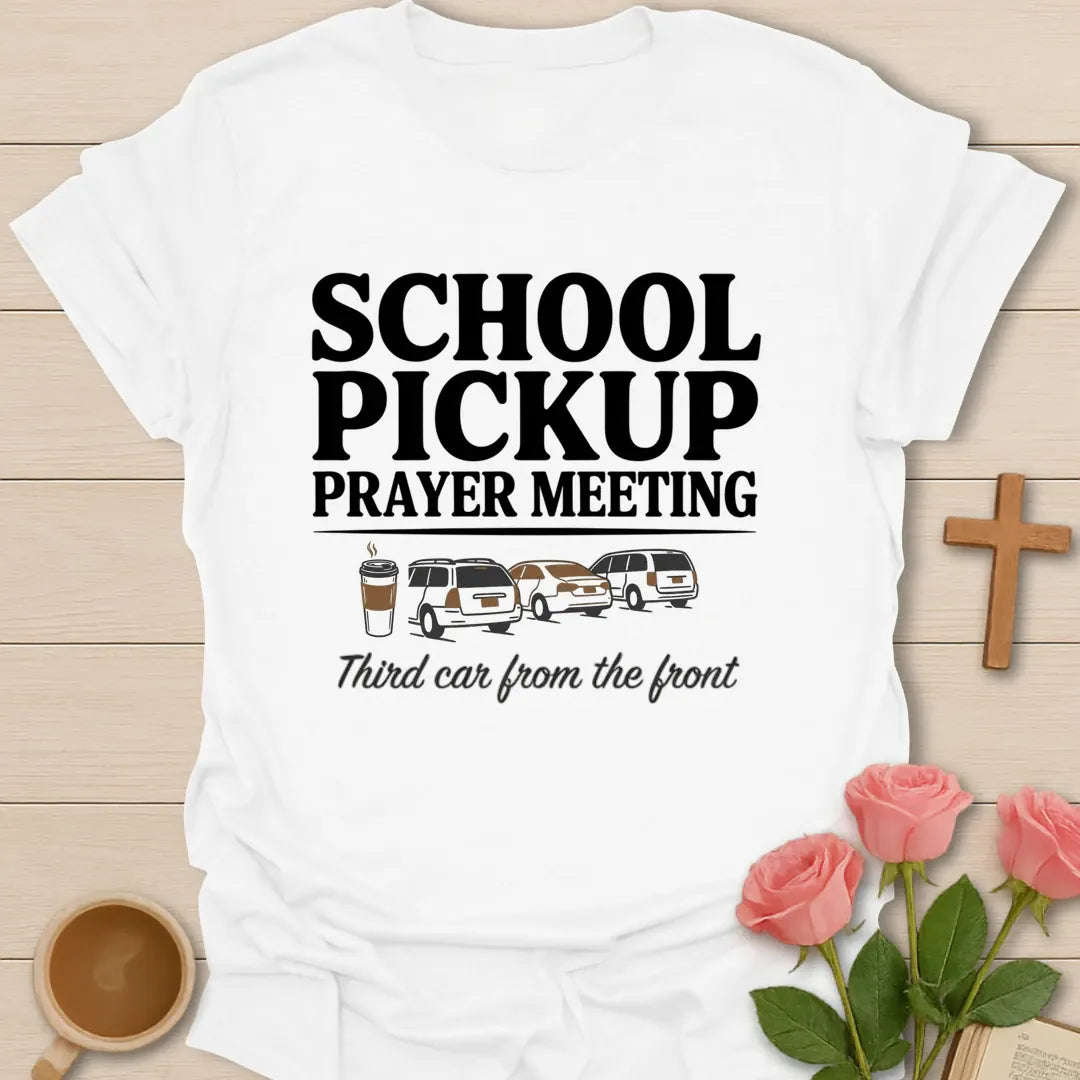 School Pickup Prayer Meeting funny Christian t-shirt with playful lettering - White