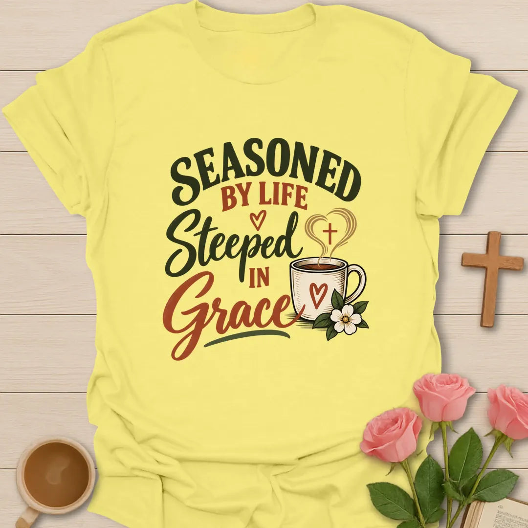 Seasoned By Life Christian t-shirt with faith-inspired lettering - Cornsilk