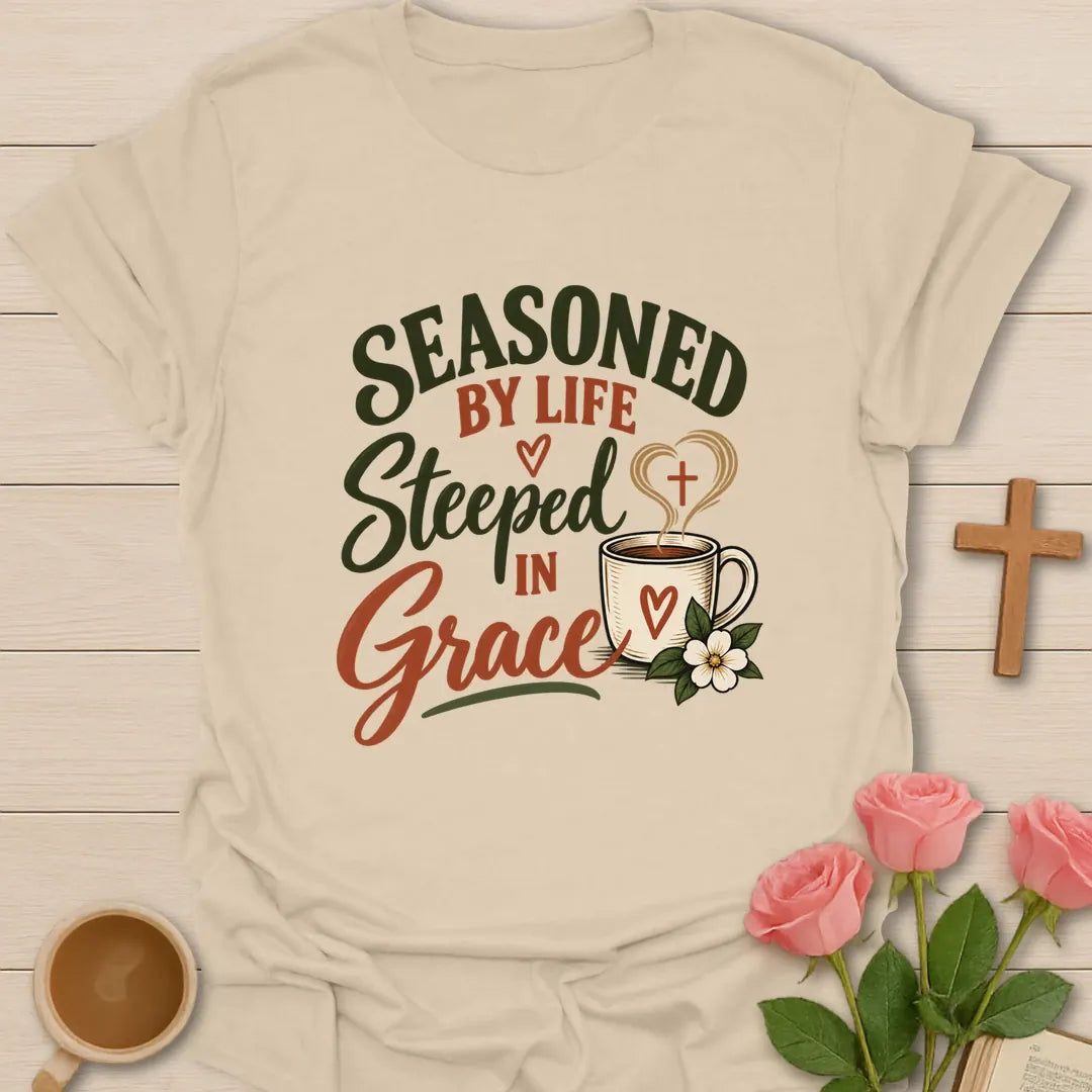 Seasoned By Life Christian t-shirt with faith-inspired lettering - Sand