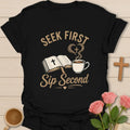 Seek First Sip Second shirt with open Bible, teacup and cross-shaped steam - Black