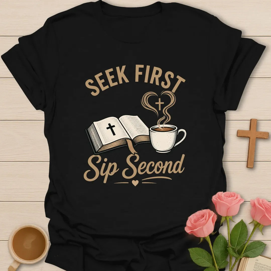 Seek First Sip Second shirt with open Bible, teacup and cross-shaped steam - Black