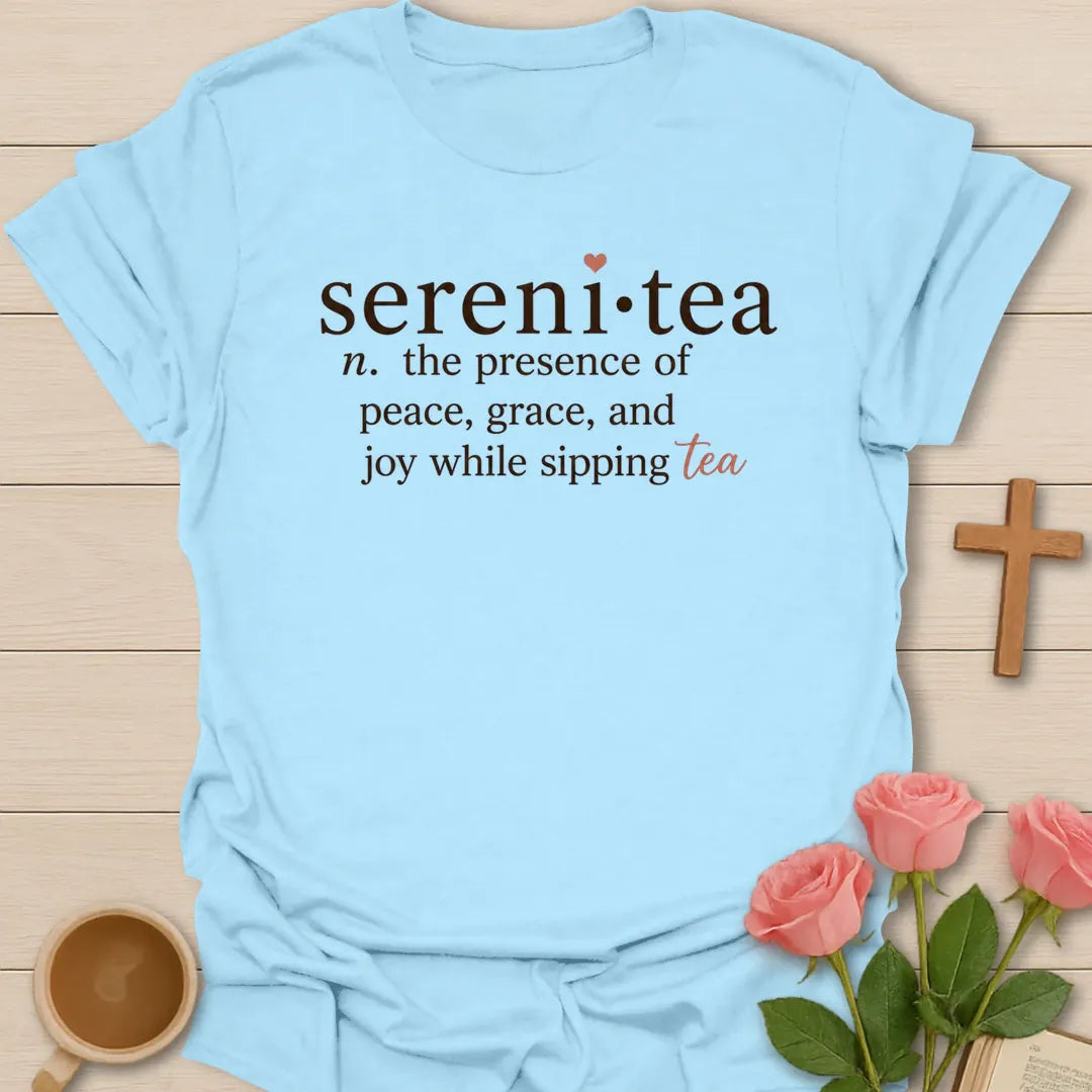Sereni-Tea shirt with teacup, steam, and calming vintage lettering. - Light Blue