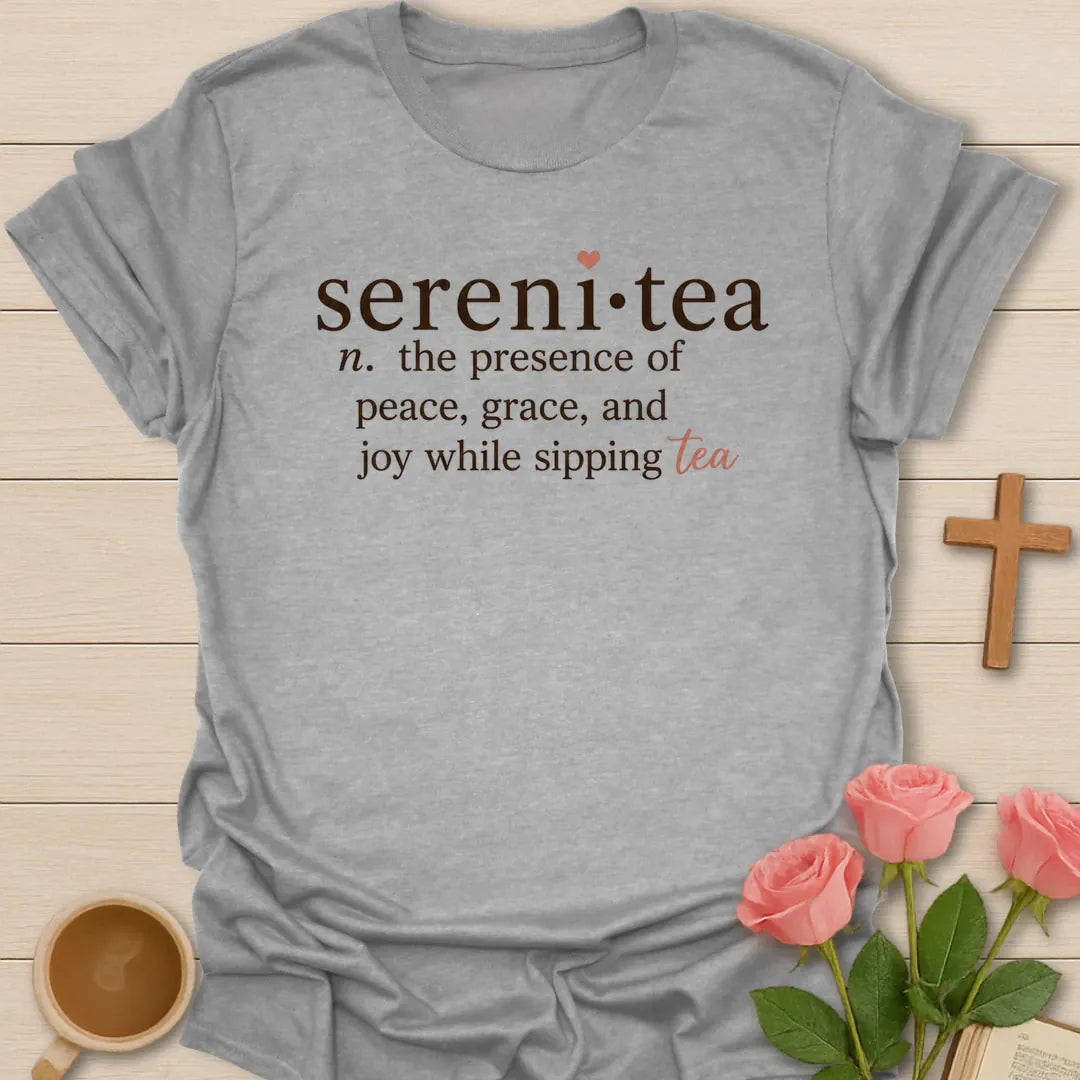 Sereni-Tea shirt with teacup, steam, and calming vintage lettering. - Sport Grey