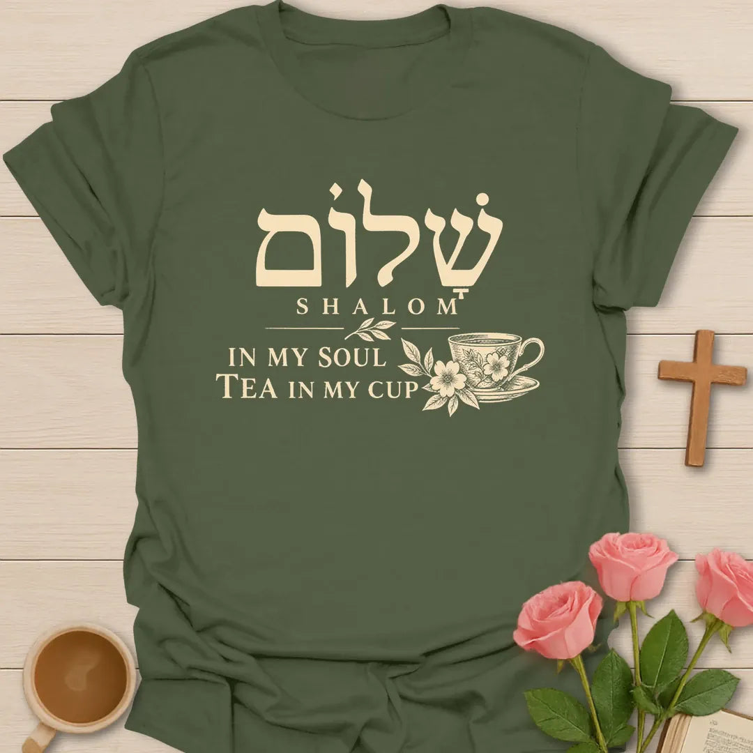 Shalom Hebrew t-shirt with the Hebrew word for peace in a faith-inspired design - Military Green