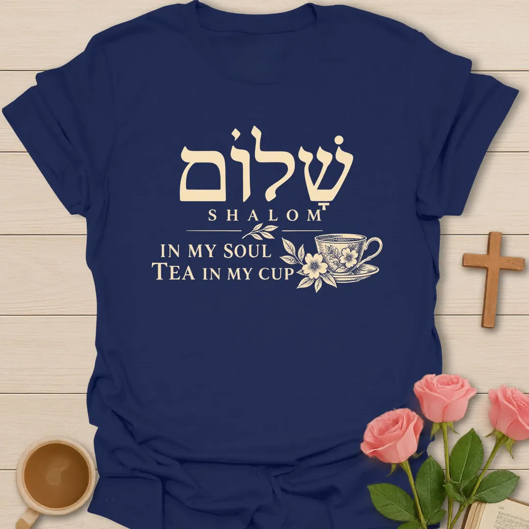Shalom Hebrew t-shirt with the Hebrew word for peace in a faith-inspired design - Navy