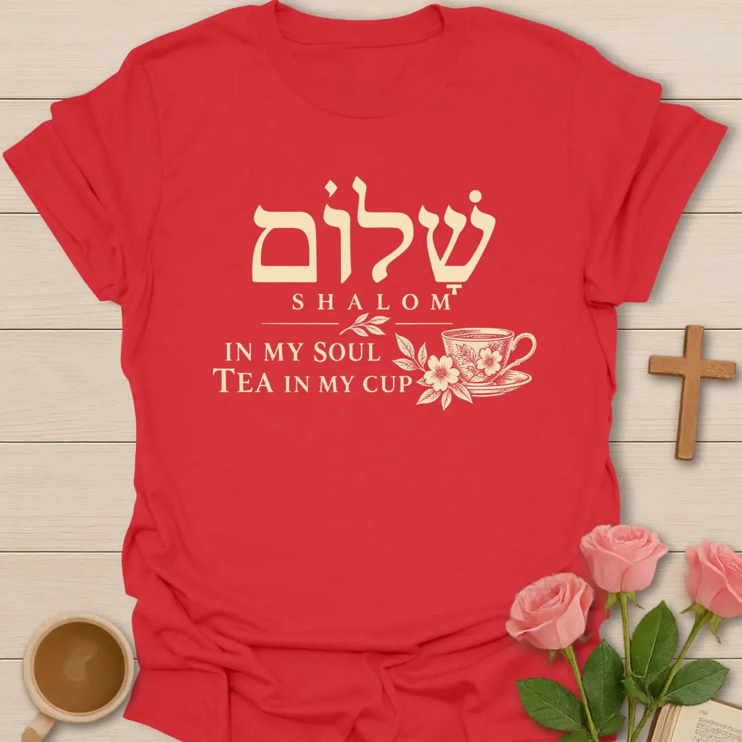 Shalom Hebrew t-shirt with the Hebrew word for peace in a faith-inspired design - Red