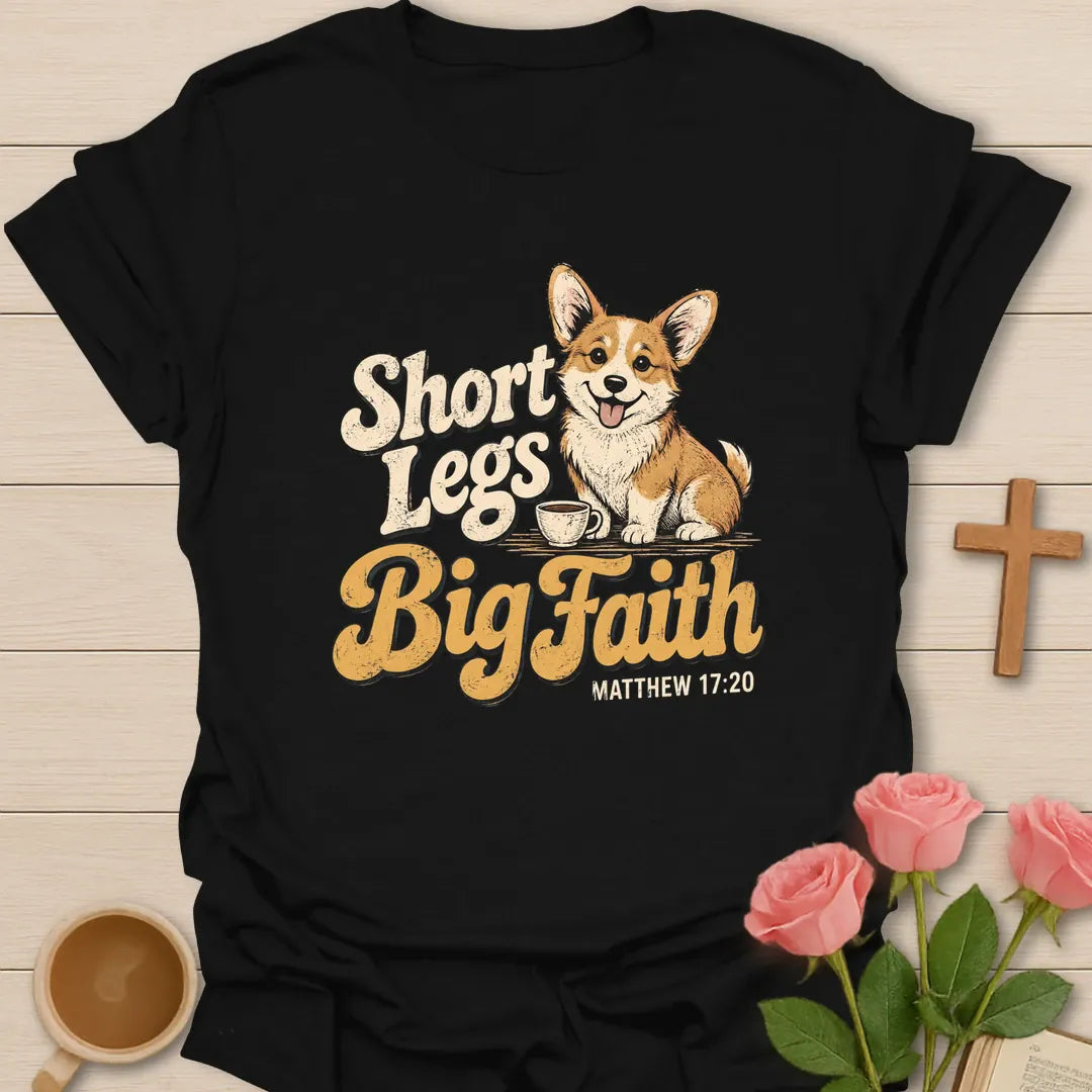 Short Legs Big Faith Christian t-shirt with a smiling corgi puppy beside a teacup in retro lettering and Matthew 17:20 - Black