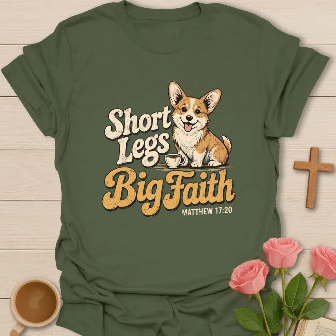 Short Legs Big Faith Christian t-shirt with a smiling corgi puppy beside a teacup in retro lettering and Matthew 17:20 - Military Green
