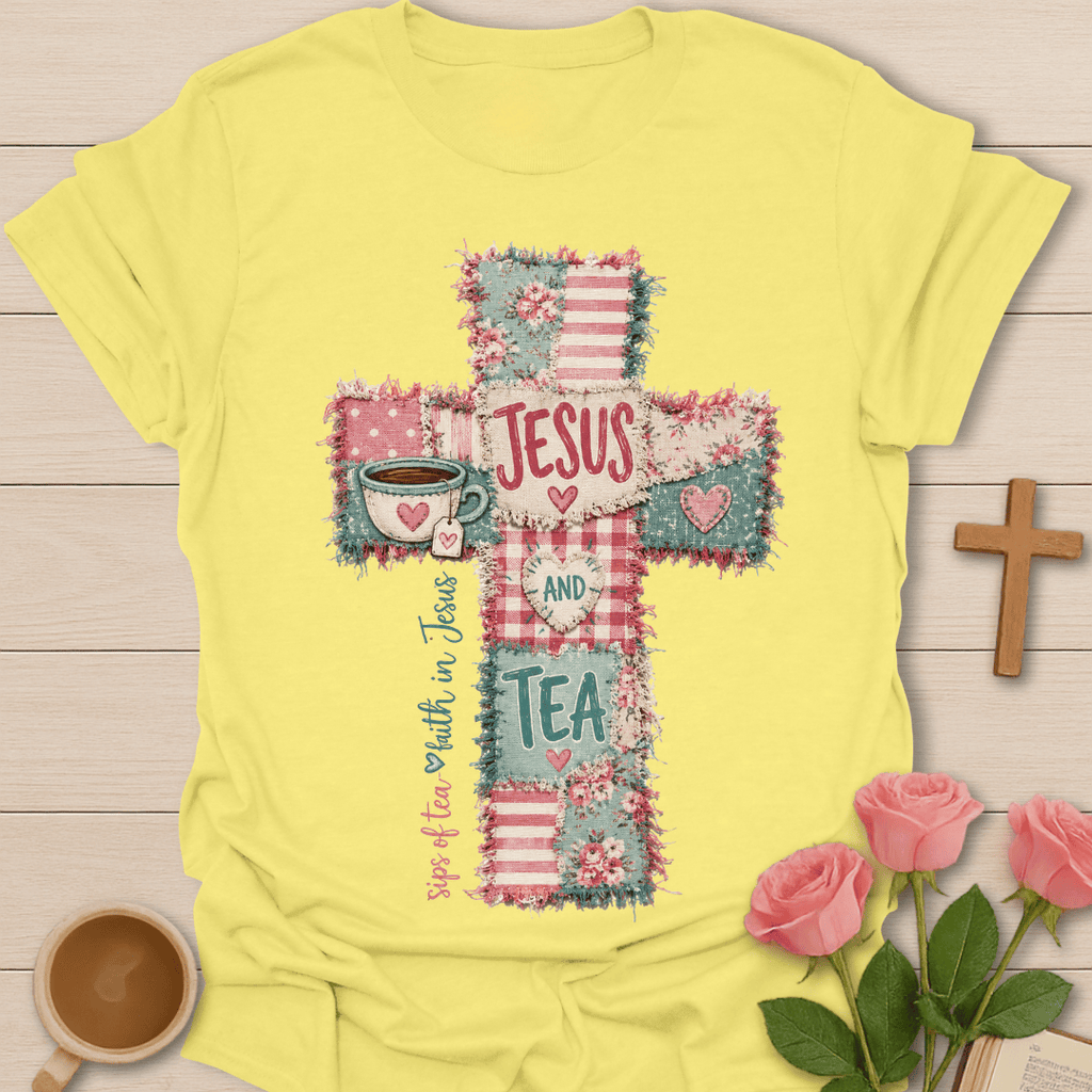 Jesus & Tea Cross Faux Patchwork T-Shirt T-Shirt