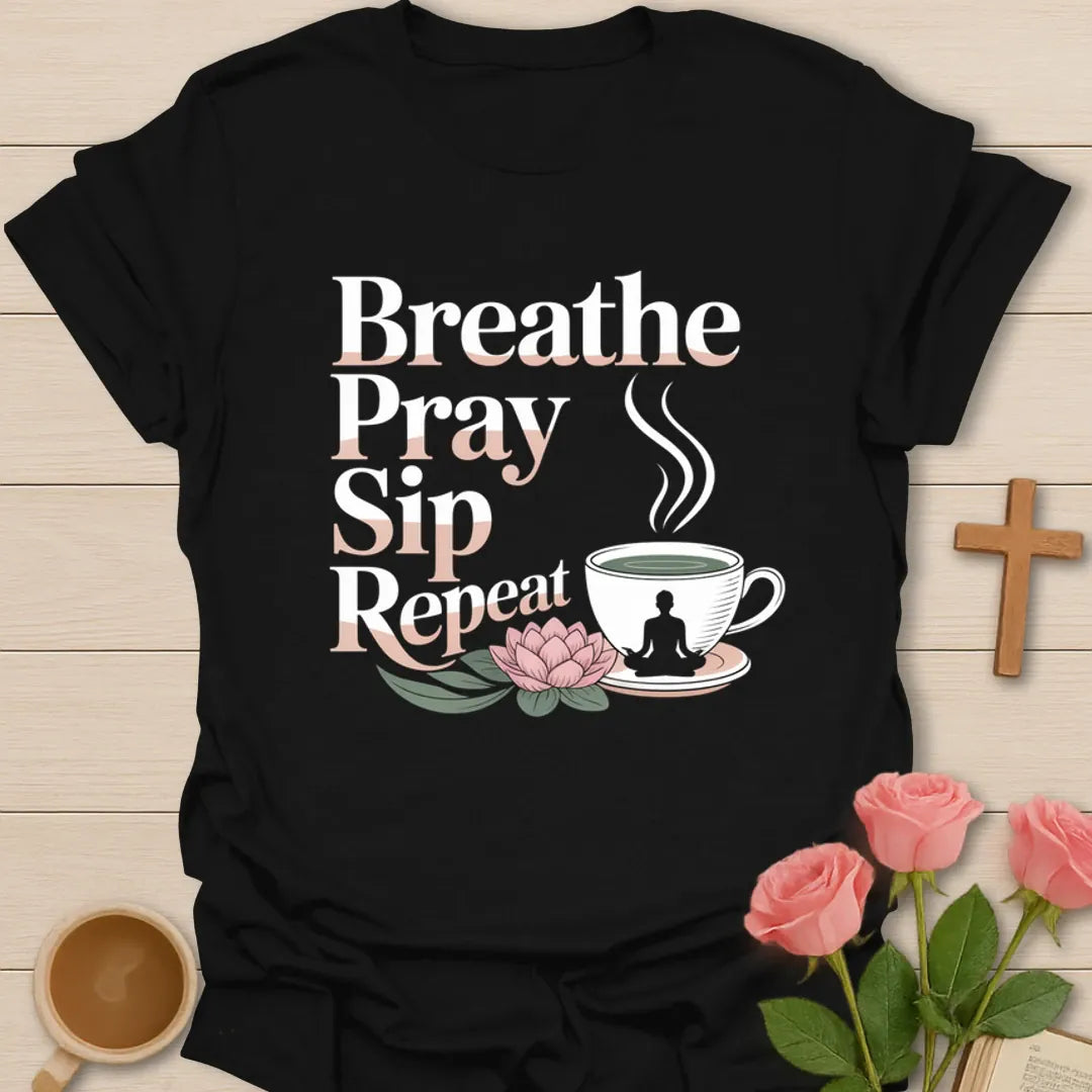 Sip Pray Trust Jesus T-Shirt KozzyCo Christian and tea lover design