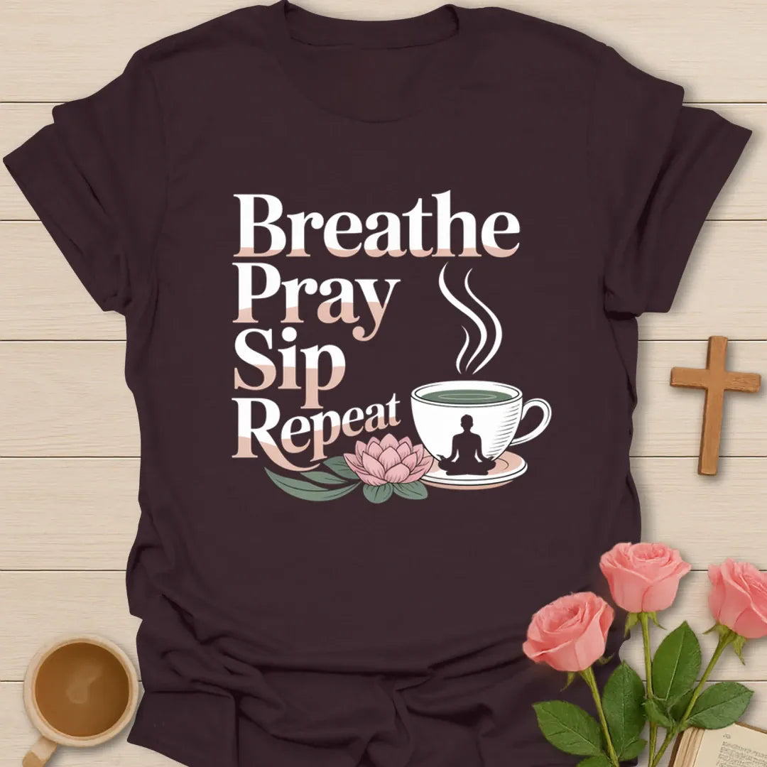Sip Pray Trust Jesus T-Shirt KozzyCo Christian and tea lover design