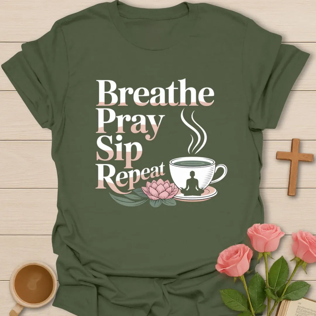 Sip Pray Trust Jesus T-Shirt KozzyCo Christian and tea lover design