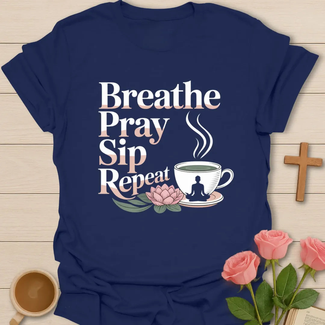 Sip Pray Trust Jesus T-Shirt KozzyCo Christian and tea lover design
