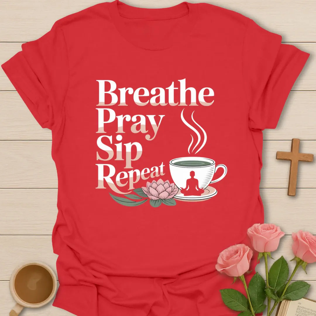 Sip Pray Trust Jesus T-Shirt KozzyCo Christian and tea lover design