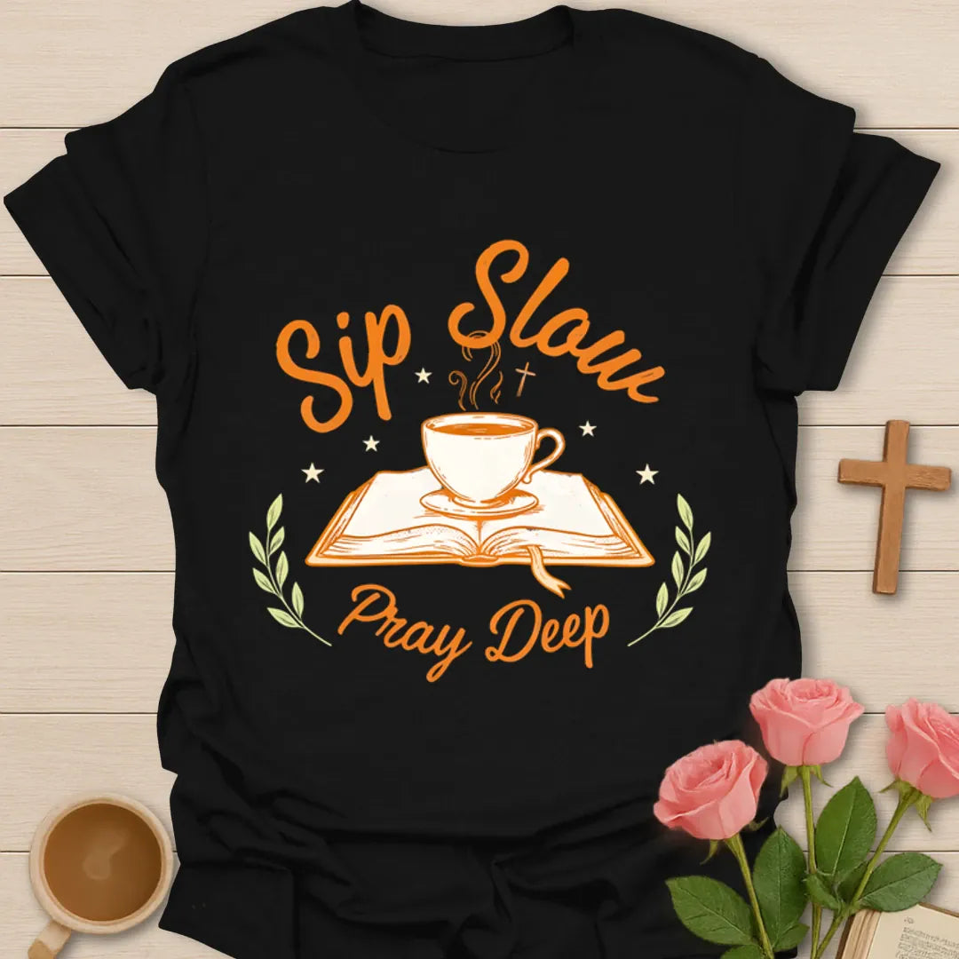 Sip Slow Pray Deep Christian tea shirt with steaming teacup, open Bible, stars, and leafy accents. - Black
