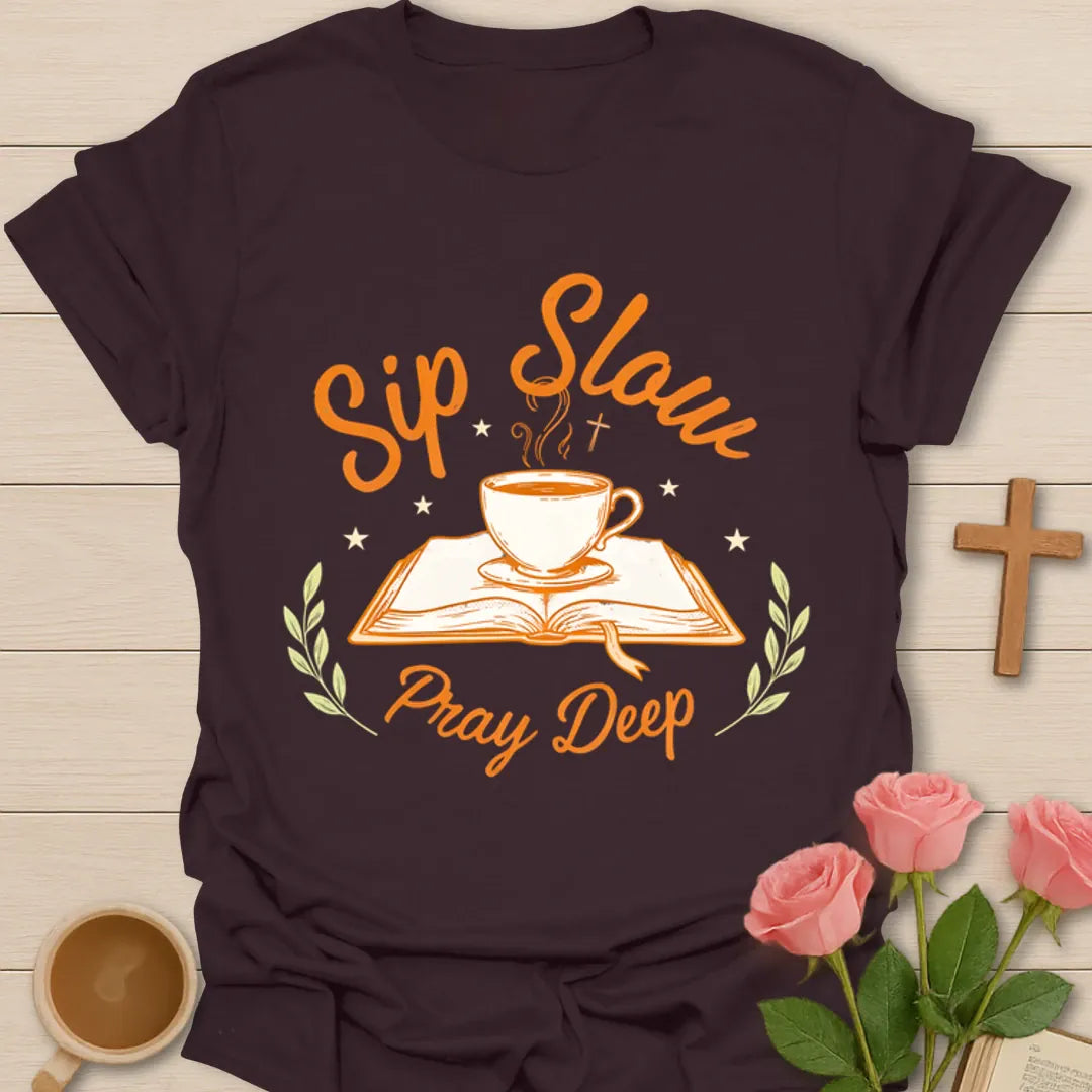 Sip Slow Pray Deep Christian tea shirt with steaming teacup, open Bible, stars, and leafy accents. - Dark Chocolate