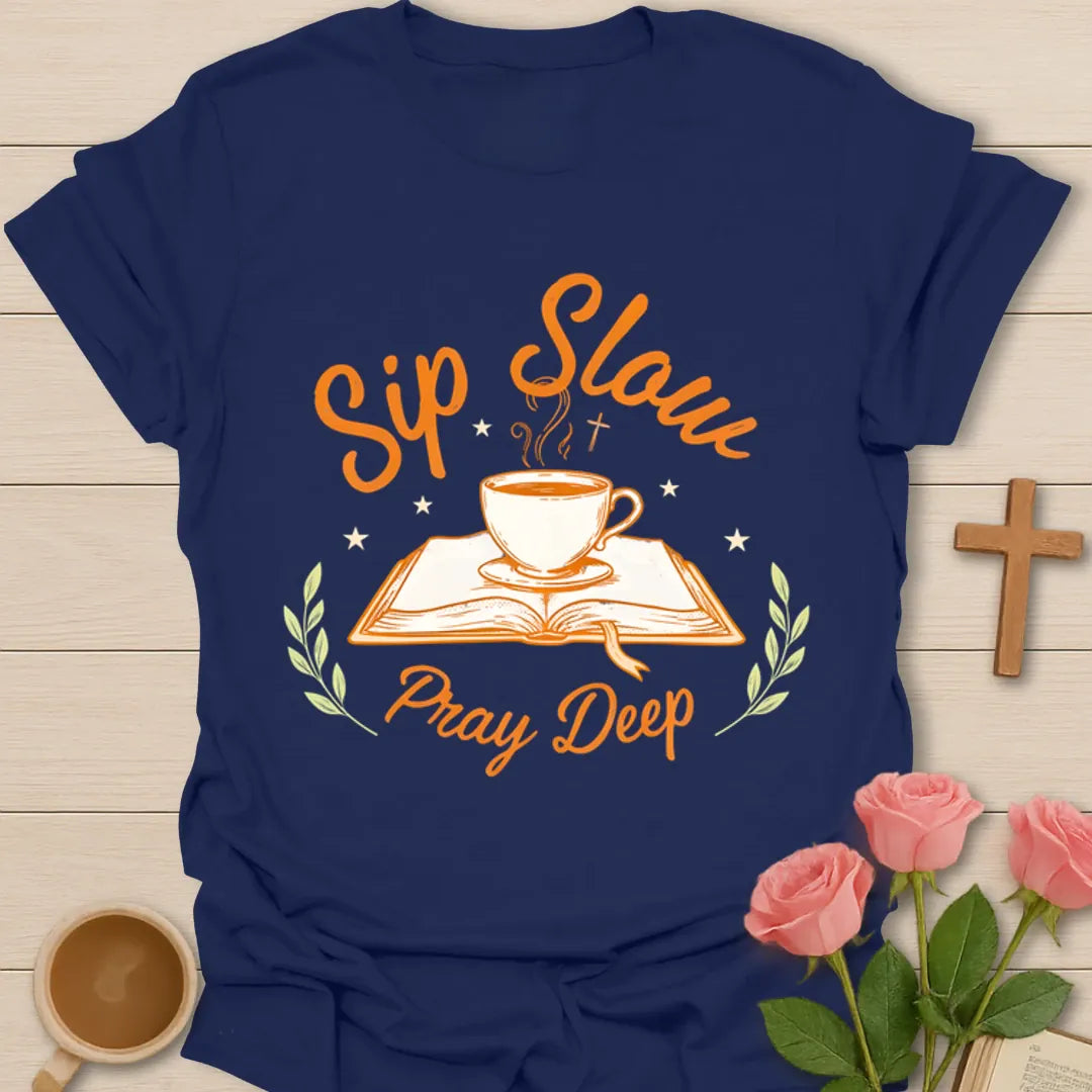 Sip Slow Pray Deep Christian tea shirt with steaming teacup, open Bible, stars, and leafy accents. - Navy