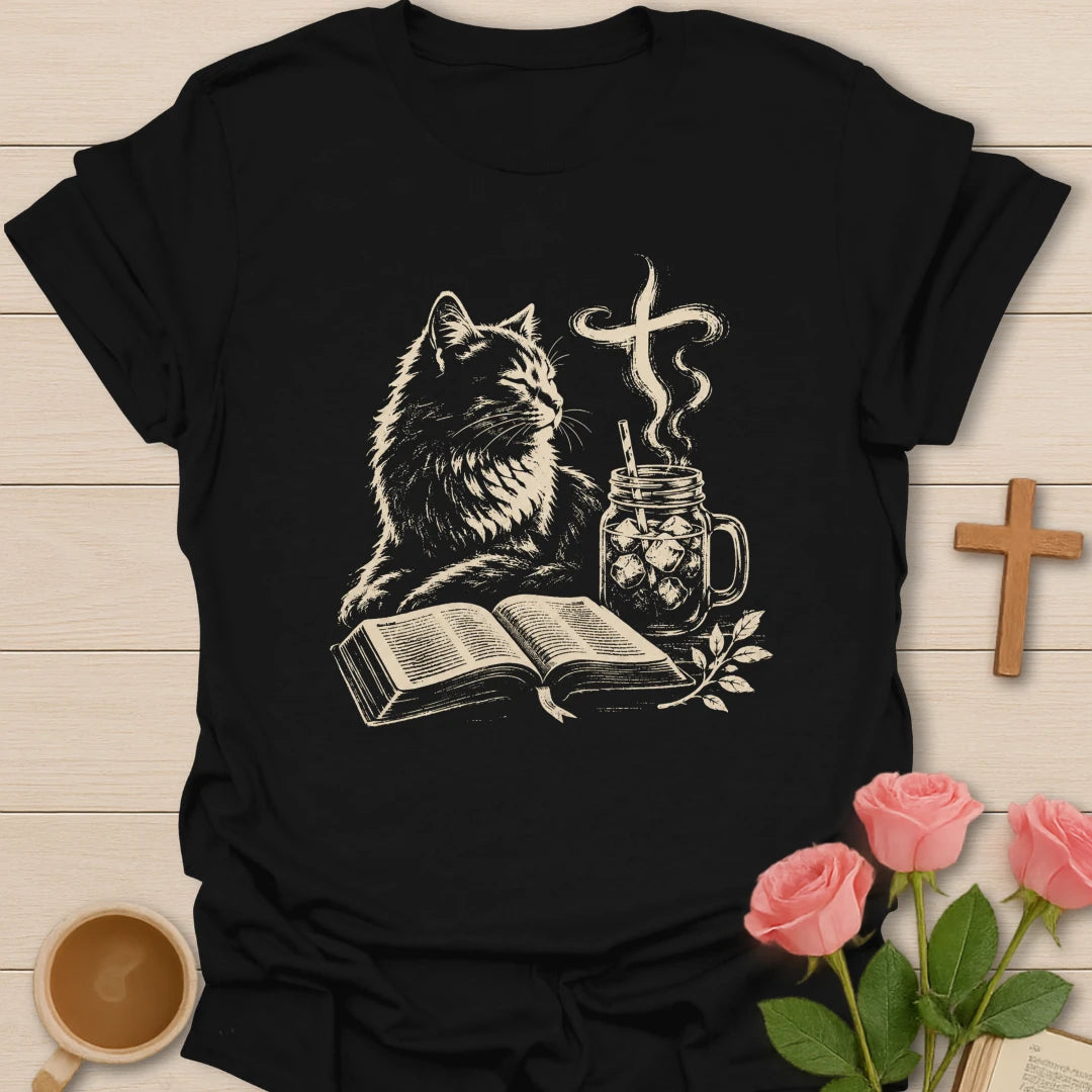 Sip Sweet Tea cat shirt with cute cat, teacup, and faith-inspired lettering. - Black