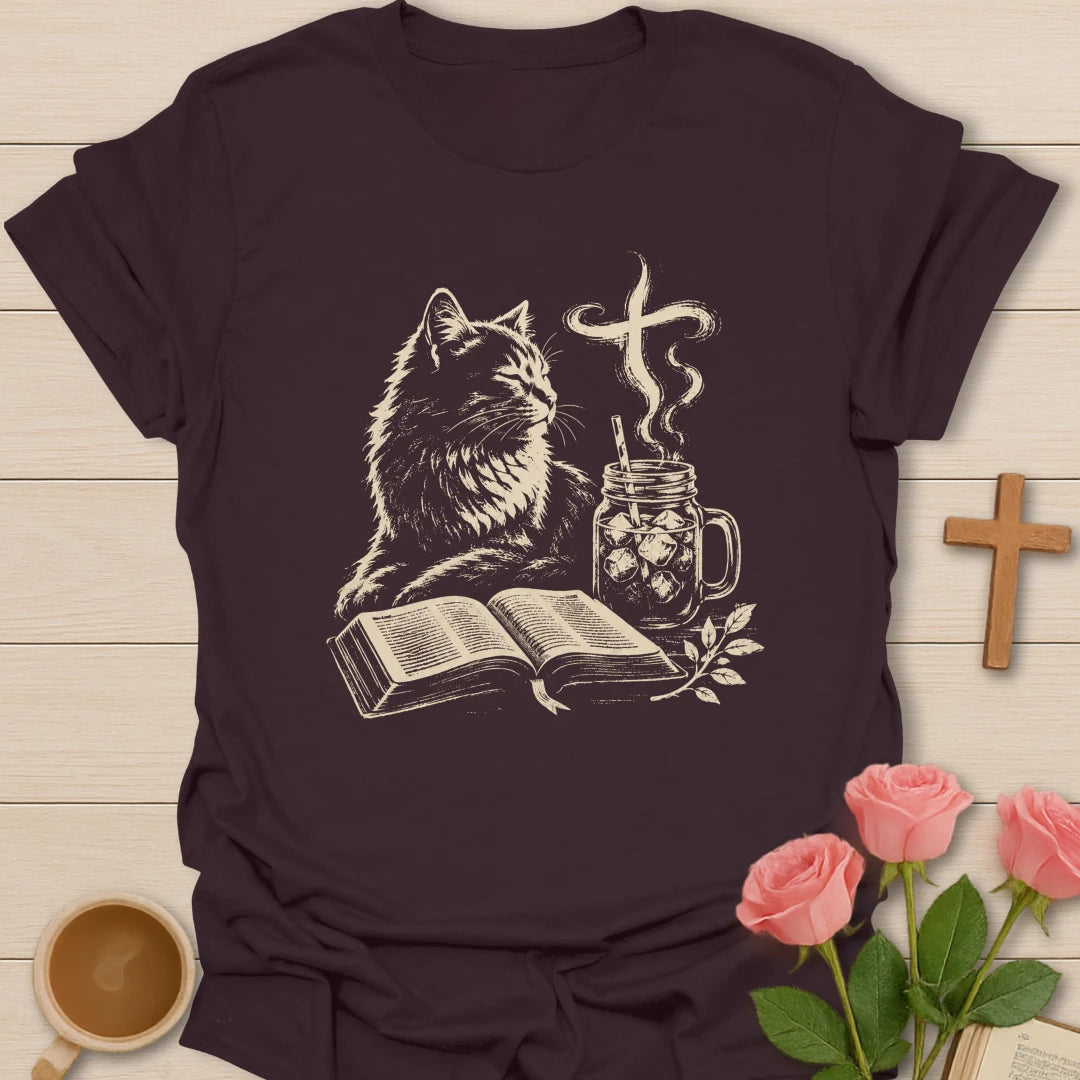 Sip Sweet Tea cat shirt with cute cat, teacup, and faith-inspired lettering. - Dark Chocolate