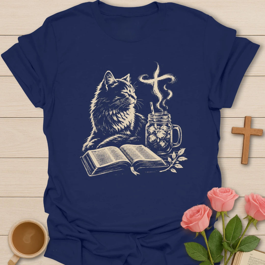 Sip Sweet Tea cat shirt with cute cat, teacup, and faith-inspired lettering. - Navy