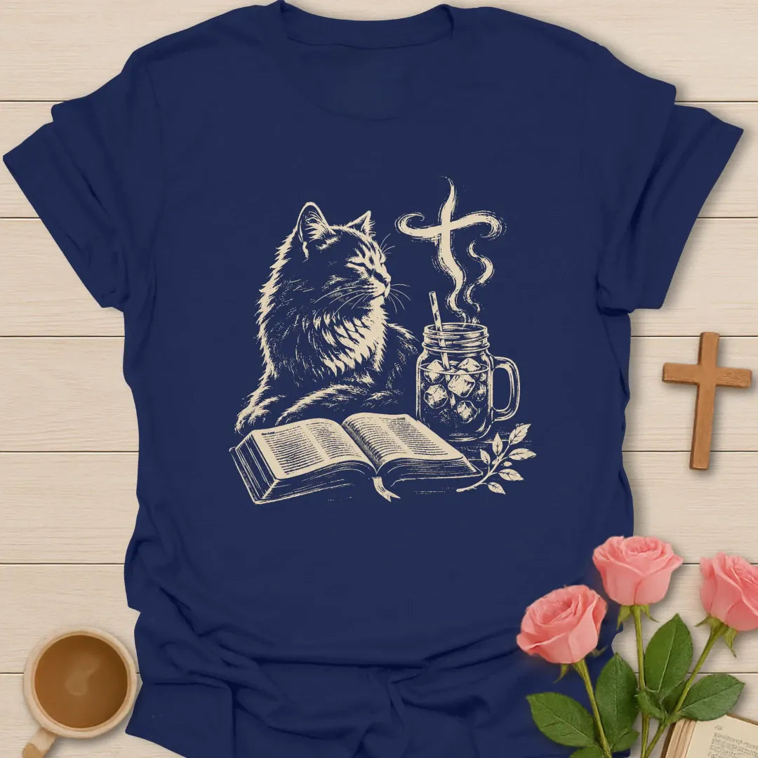 Sip Sweet Tea cat shirt with cute cat, teacup, and faith-inspired lettering. - Navy