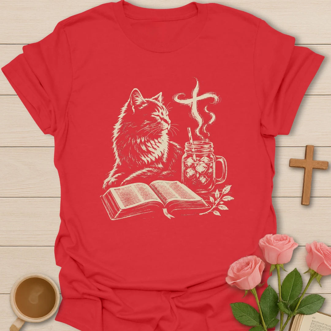 Sip Sweet Tea cat shirt with cute cat, teacup, and faith-inspired lettering. - Red