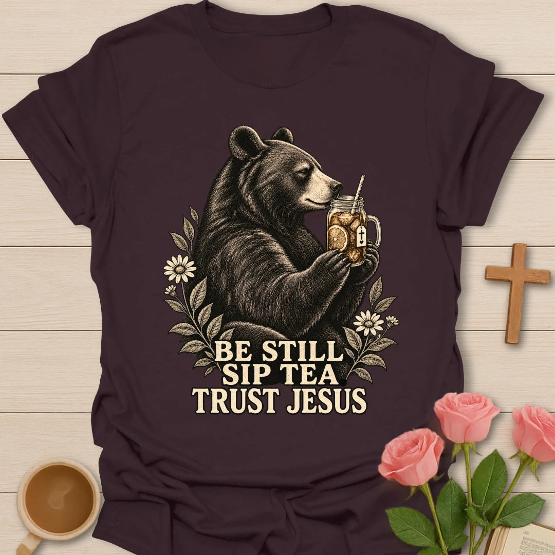 Sip Sweet Tea Trust bear shirt with cute bear, teacup, and faith-inspired lettering. - Dark Chocolate
